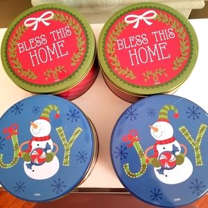 Round Holiday Medium Size Tins  with Lids Lot of 4